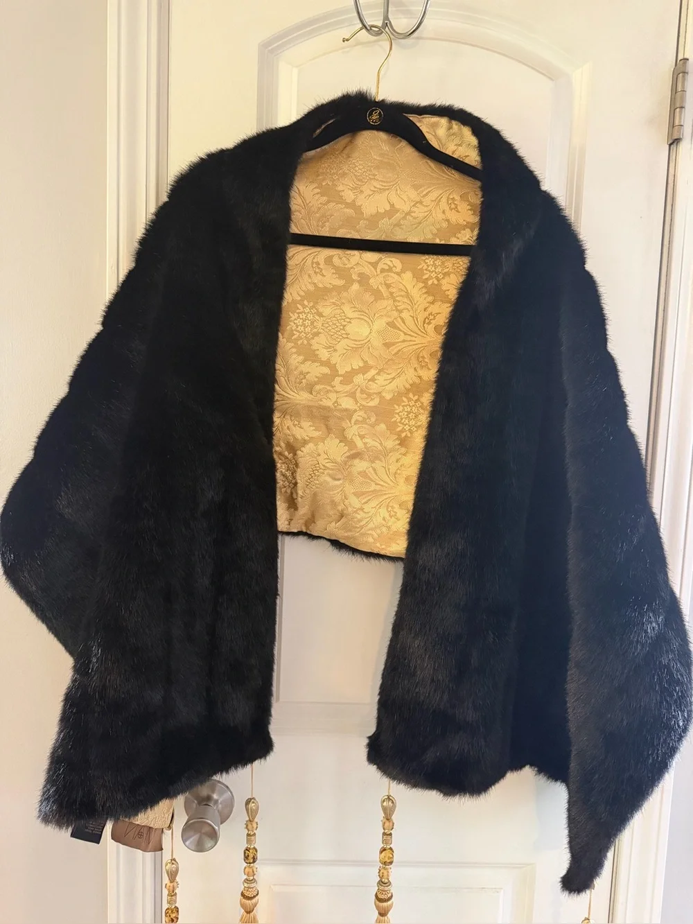 Vintage Black Faux Fur Evening stole  with Gold Brocade Lining.Iman 68”x 21”